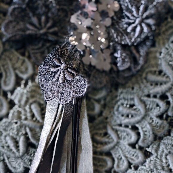 Leather Vintage Designer Long Black Jacket with velvet and lace Limited Edition - Picture 6 of 7